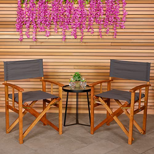 CHARLES BENTLEY FSC 100% Wooden Pair of Folding Directors Chairs Grey Pop-Up Garden Seats Outdoor Furniture Easy To Fold Lightweight Traditional Design Bentley Plaque Compact (85x54.5x51cm)