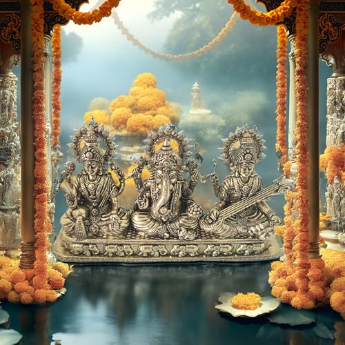 BEXCO Brass Laxmi Ganesh Saraswati Idol, Traditional Antique Gold Finish, 5.1 x 1.2 x 2.8 inches, 270 GMS Hindu Religious Statue for Daily Worship