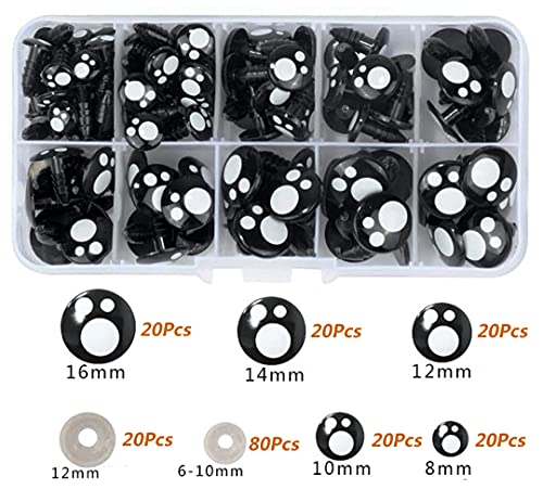 1 Box(100 Pcs) 8mm/10mm/12mm/14mm/16mm Solid Black Plastic Safety Eyes with Washers Craft Spiral Safety DIY Eyes Sewing Crafting Accessories for Doll Teddy Bear Puppet Animal Toys - Image 3