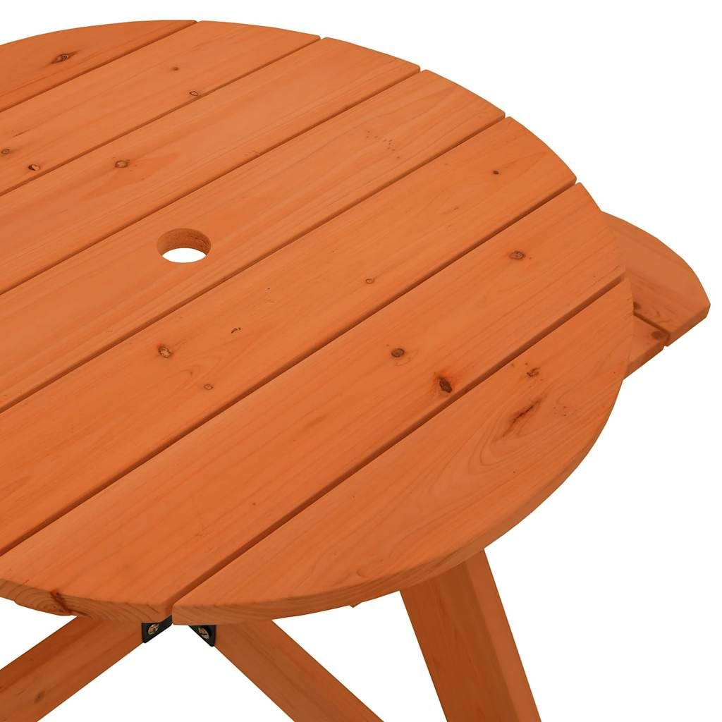 Tavolo da picnic per 4 bambini, in legno di abete massiccio, rotondo, con foro per ombrellone, 120 x 57 cm, per terrazza, balcone, veranda, campeggio, barbecue, feste, all'aperto