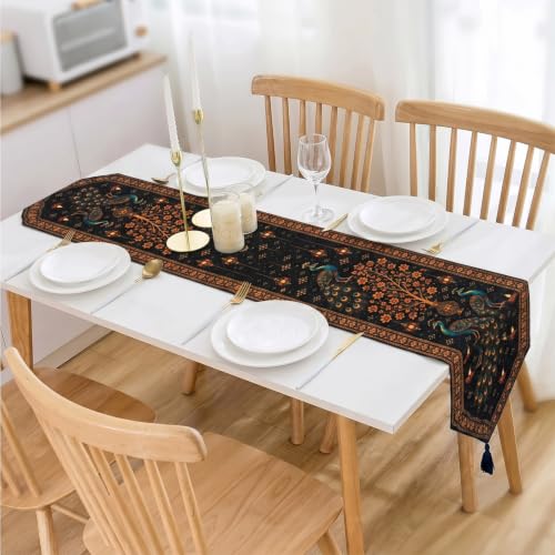 Image of Dining Table Runner -Diwali Peacock Printed Theme,Digital Print, Washable, Indoor /Outdoor, Heat-Proof, Wipe & Clean (135X33 cm) Navy & Orange