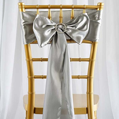 TABLECLOTHSFACTORY 25pcs Silver Satin Chair Sashes Tie Bows Catering Wedding Party Decorations 6 x106