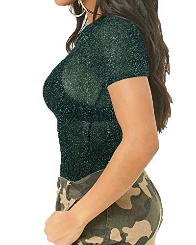 Image of MANGOPOP Women's Long Sleeve /Short Sleeve Glitter Sheer Mesh Tops T Shirt Blouse Clubwear (1113 (Dark Green), Small)