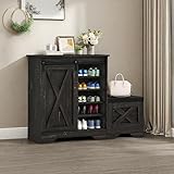 DWVO Farmhouse Shoe Storage Cabinet with Bench, 5-Tier Shoe Cabinet with Adjustable Shelves for 20 Pairs, Narrow Shoe Cabinet with Sliding Door for Entryway, Hallway, Living Room (Dark Rustic Oak)