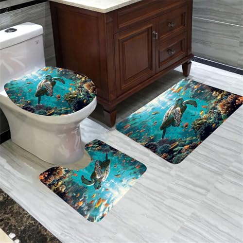 4Pcs Sea Turtle Bathroom Set - Ocean Turtle Bathroom Shower Curtain Sets with 12 Hooks, 70" x 70"