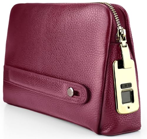 Welaso Fingerprint Lock Leather Handbag,Anti Theft Waterproof Genuine Leather Clutch