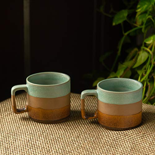 Image of ExclusiveLane Ceramic Mugs Ceramic Coffee Mugs - Set of 2, Mint Green, Earthen Brown and Cinnamon Brown, 360ml