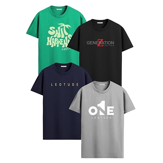 LEOTUDE Mens Classic Cottonblend Half Sleeve Round Neck Printed Loose Fit Regular Casual Multicolour Combo Tshirts for Mans