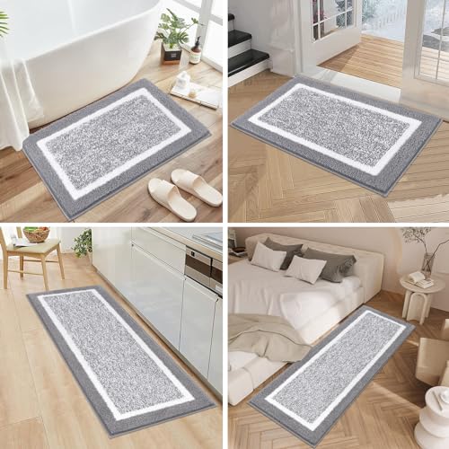Pauwer Bathroom Rug Mat Set 3 Piece, Microfiber Shaggy Bath Set, Non-Slip Ultra Soft Carpet Mats, Absorbent with U-Shaped Toilet for Bathroom, Tub, Shower, Light Grey