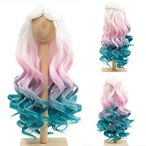 MUZIWIG High Temperature Doll Hair Wig, Long Winky Curly White Ombre Blue Synthetic Fiber Hair Wig BJD Doll Wigs for 1/3 BJD SD Doll (White Ombre Pink)