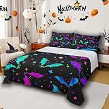 Erosebridal Halloween Bat Bedding Set Twin Size Glitter Stars Galaxy Bed Sheet Set for Kids Child, Cartoon Gothic Bats Fitted Sheet Halloween Home Decor Teal Blue Green Purple