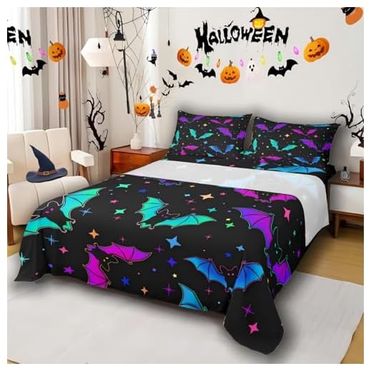 Erosebridal Halloween Bat Bedding Set Twin Size Glitter Stars Galaxy Bed Sheet Set for Kids Child, Cartoon Gothic Bats Fitted Sheet Halloween Home Decor Teal Blue Green Purple