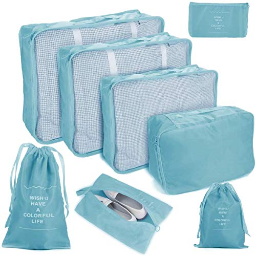 C100AE Set Organizador de Equipaje, 8 en 1 Organizadores de Viaje para Maletas, Cubos de Embalaje, Organizador de Maleta Bolsa para Ropa, con Bolsa de Zapatos, Bolsa de Cosméticos (Azul Brillante)