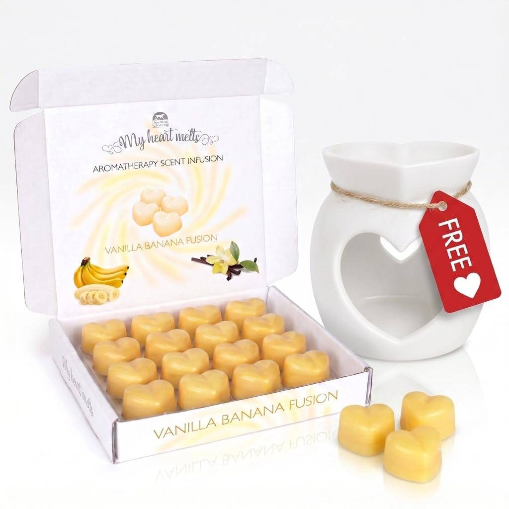 Vanilla Banana Fusion Wax Melts Gift Set with Free Ceramic Burner Included, 16 Heart Shaped Wax Melts, Sweet Dessert-Inspired Fragrance, Eco-Friendly Wax, Infusion Gift Box by Spotless Leopard