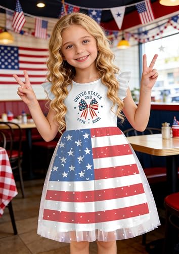 Image of Girls 4th of July Dress American Patriotic Outfit USA Independence Day Clothes Flutter Sleeve Tulle Tutu Dress 5-14y