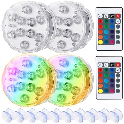 Luces Piscina, Luces Led Sumergibles, Con Control Remoto, luz Piscina Sumergible IP68 Impermeables, Para Piscinas, Jarrones, Acuarios, Estanques, BañEras Y Para Navidad y Fiestas Decoración, 4 Piezas