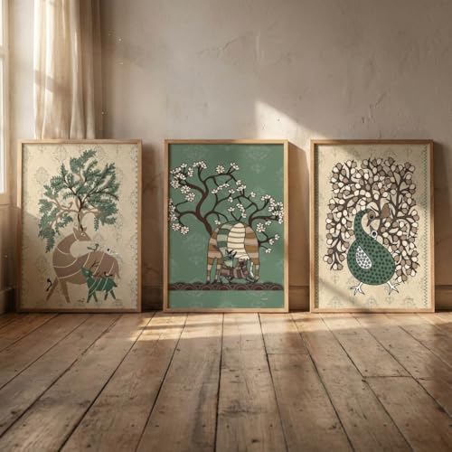 Image of Livin'luxe Set of 3 Folk Art Animal Wall Paintings for Living Room Bedroom Home Decor with Premium Wooden Color Synthetic Frame, Traditional Artwork (25.5 x 19.5 Inch) NM03-55