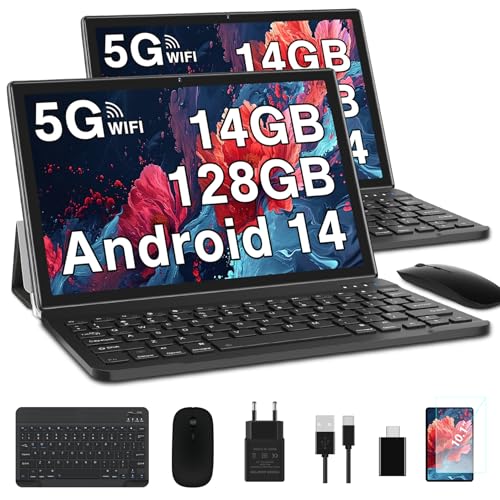 2024 Newest Tablet 10 Pulgadas 14GB RAM + 128GB ROM (1TB TF), Android 13 5G + 2.4G WiFi, Octa-Cores 2.0Ghz, GPS, BT 5.0, 8MP + 5MP, Type C, OTG, Cast, Tablet PC con Funda, Teclado e Ratón - Negro