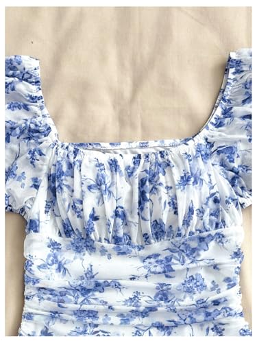 SHENHE Girl's Summer Floral Puff Sleeve Dress Square Neck Ruched A Line Flared Short Sundress3