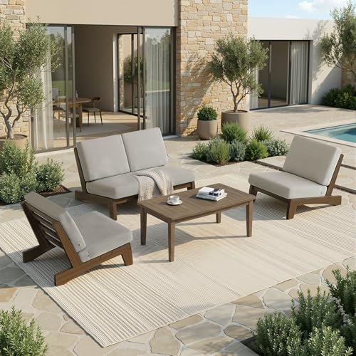 Image of Pia Ricoo 4 Piece Patio Furniture Sets, Outdoor Loveseat Sofa Set with 2 Chairs & Coffee Table, Patio Conversation Set for Backyard, Deck, Lawn, Light Camel