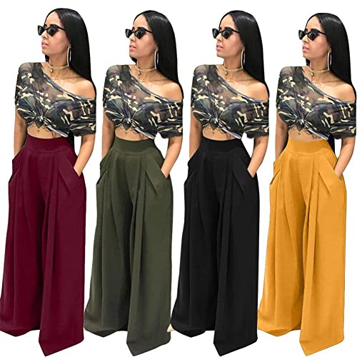 NRTHYE Womens Palazzo Long Pants High Waist Wide Leg Stretchy Loose Fit Casual Trousers with Pocket2