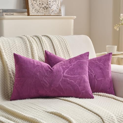 Image of FUTEI Pack of 2 Velvet Throw Pillow Covers 12x20 Inch Soft Embossed Leaf-Relief Textured Decorative Lumbar Pillowcases Modern Natural Farmhouse Accent for Couch Bed Living Room, Purple