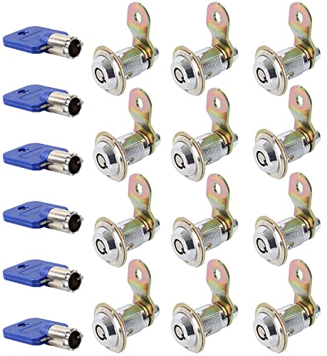 12 Pack Cam Locks Keyed Alike with 6 Keys, 1-1/8 Inch Cylinder 90° Tubular Cabinet Cam Lock Secure Files Drawer Door Mailbox Tool Box RV Metal Cabinet Lock, fits for 7/8