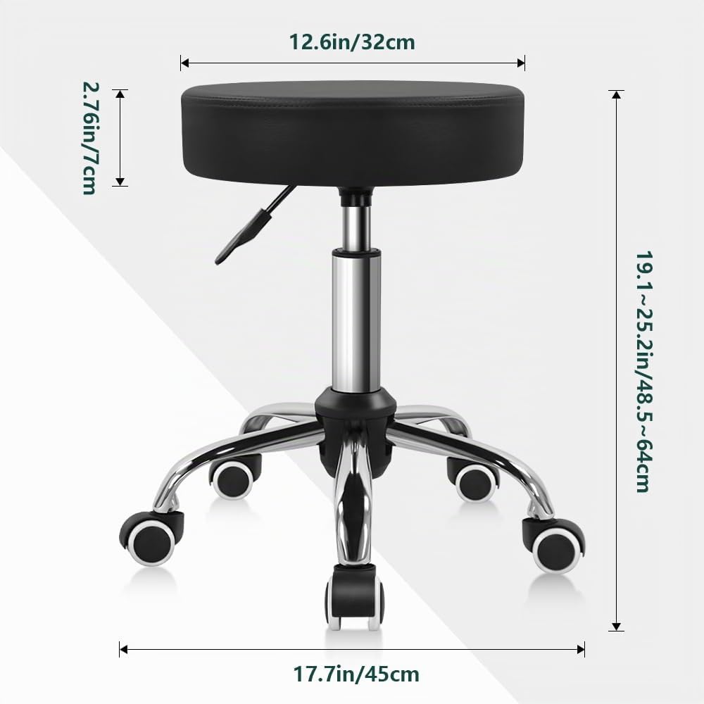 BFTOU Schwarzer Drehhocker aus PU-Leder mit Rollen, perfekt für Salon, Arbeit, Zuhause, Spa, Geschäft, höhenverstellbar und kostengünstig, Rollhocker, klein (schwarz)