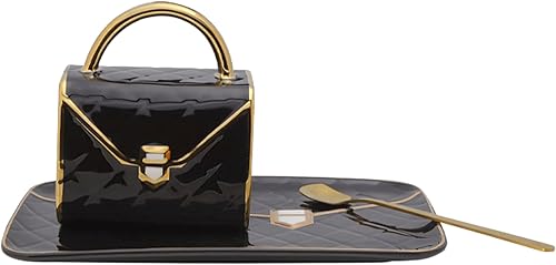 FLLETY Taza de café, juego de taza de té, tazas de café, taza de viaje de cerámica, taza en forma de bolso con platillo y cuchara, tazas de