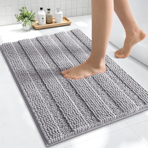 Image of Smiry Thick Small Chenille Bathroom Rugs 24x16, Extra Soft Absorbent Striped Bath Mat, Machine Washable, Rubber Backing, Bath Rugs for Tub & Shower, Modern Home Decor Accessories, Grey
