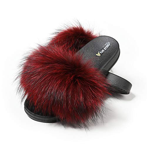 Fur Story Women's Fox Fur Slides Furry Slide Sandal (9, Wine Raccoon)