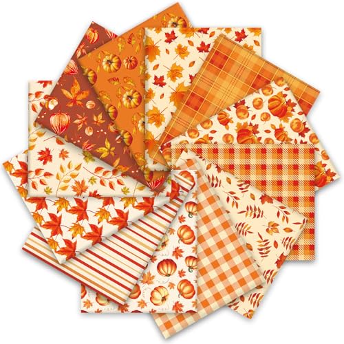 JarThenaAMCS 12Pcs Fall Cotton Fabric Bundles Orange Pumpkin Leaves Plaid