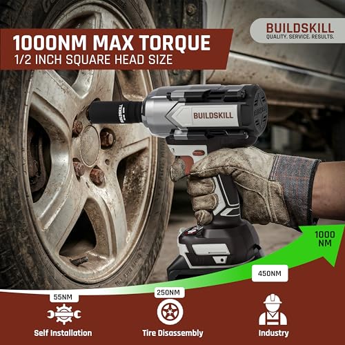 Image of BUILDSKILL 21V - 1 /2 inch 1000NM BLDC Cordless Impact Wrench | 2 x 4.0Ah Battery | 4 Pcs Socket | LED Light | 2200-1750-1400 RPM | 2800-2550-2100 Impact Rate | 2.0A Fast Charger | Reverse Self Stop Mode