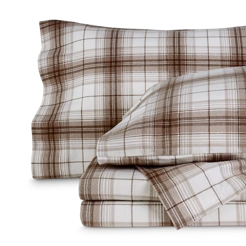 Bare Home Cotton Flannel Sheet Set Prints, 100% Cotton, Velvety Soft Heavyweight - Double Brushed for Softness & Comfort - Deep Pocket - Bed Sheets (Queen, Chesapeake Plaid - Neutral)