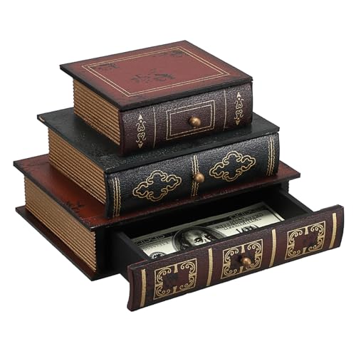 ELLDOO Vintage Decorative Book Box with Three-Layer Drawer, Antique Decorations