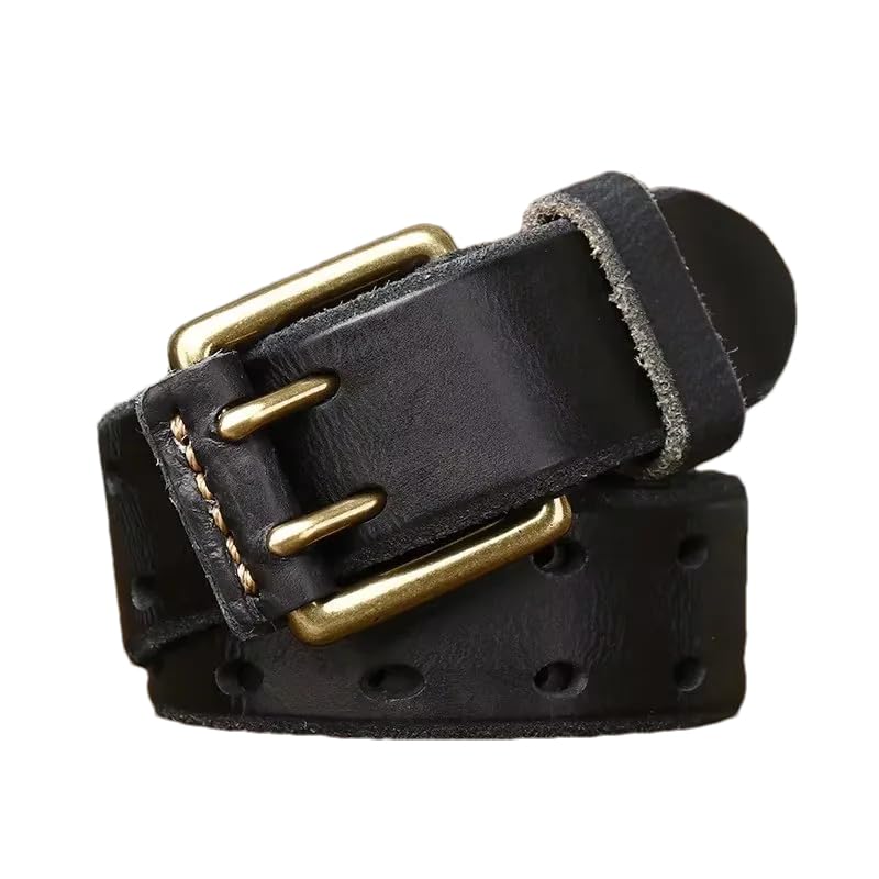 Pohullan Men 3.8cm Vintage Belt Leather Copper Double Needle Buckle Handmade Jeans Belts