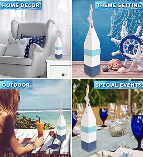 Bouée décorative artisanale en bois bleu avec corde de suspension