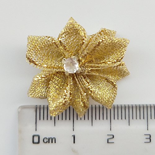Libiline Upick More Than 26 Colors 40PCS Satin Ribbon Flowers Bows Rose w/ Rhinestone Appliques Craft Wedding Dec (Gold)
