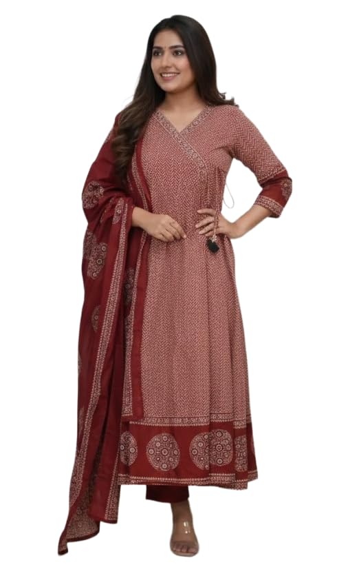 Image of Nermosa Women Printed Viscose Anarkali Kurta and Pant with Dupatta | Printed Kurta Set | Viscose Kurta Set | Summer Office Wear |