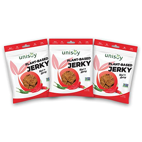 Unisoy Plant Based Vegan Jerky- Classic Hot ‘N Spicy, Vegetarian & Vegan-Friendly Jerky, Non-Gmo, Vegan Food, Vegan Snacks (3-Pack) #TOP23