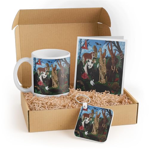 3dRose Animal Lover Gift Set with Mug, Greeting Card, and Keychain – Colorful Jungle Animal Design – Ideal for Kids, Birthdays, and Zoo Enthusiasts