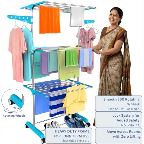 Image of H Houseware Single Pole Stainless Steel 3 Tier Cloth Drying Stand with Wheels | Foldable Clothes Dryer & Laundry Rack | Rustproof & Portable | 43.2D x 78.7W x 165H cm(Blue)