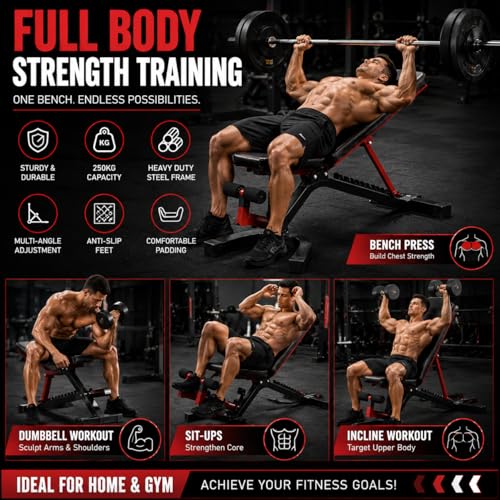Image of Adjustable Workout Bench for Home Gym | Multifunctional Incline Decline Bench with Preacher Curl Pad & Leg Support | Full Body Strength Training Bench for Men & Women (Black & Red)