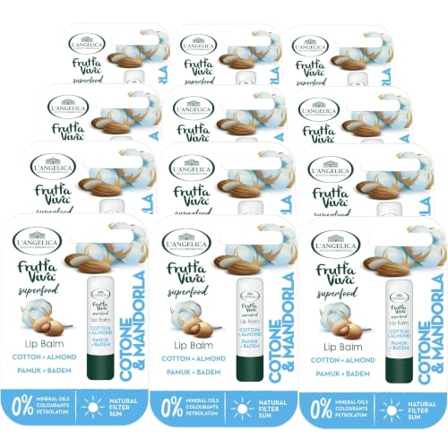 L'Angelica, Lip Balm Cotone & Mandorla, 12 Confezioni, Burrocacao con Ingredienti Sicuri e Naturali, Protegge da Freddo e Sole, Dermatologicamente Testato, Senza Oli Minerali, Coloranti e Petrolati