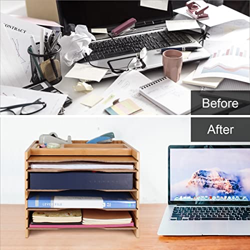 Wokyy Bamboo File Organizer Desktop Paper Sorter Wood Letter Trays Mail Organizer With 5 Dividers & Top Storage Compartments #TOP1