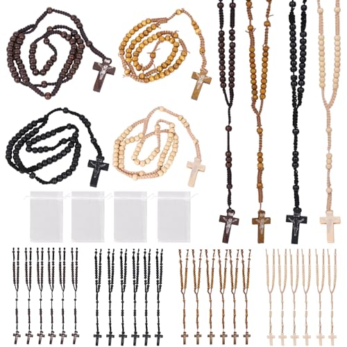 60 Pack Rosarios Catolicos Necklace, Wooden Rosary Beads Necklace with rganza Bags, Rosarios in Bulk Carved Cross Gift Set for First Communion Baptism, Rosary Beads Catholic for Men Women