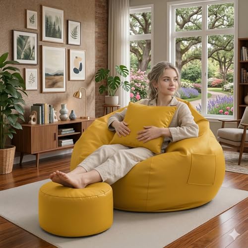 Image of IVIKA Bean Bag with Stool & Cushion |XXXXL Size Premium Leatherette Bean Bag for Gaming, Living Room & Bedroom (4XL - Yellow)