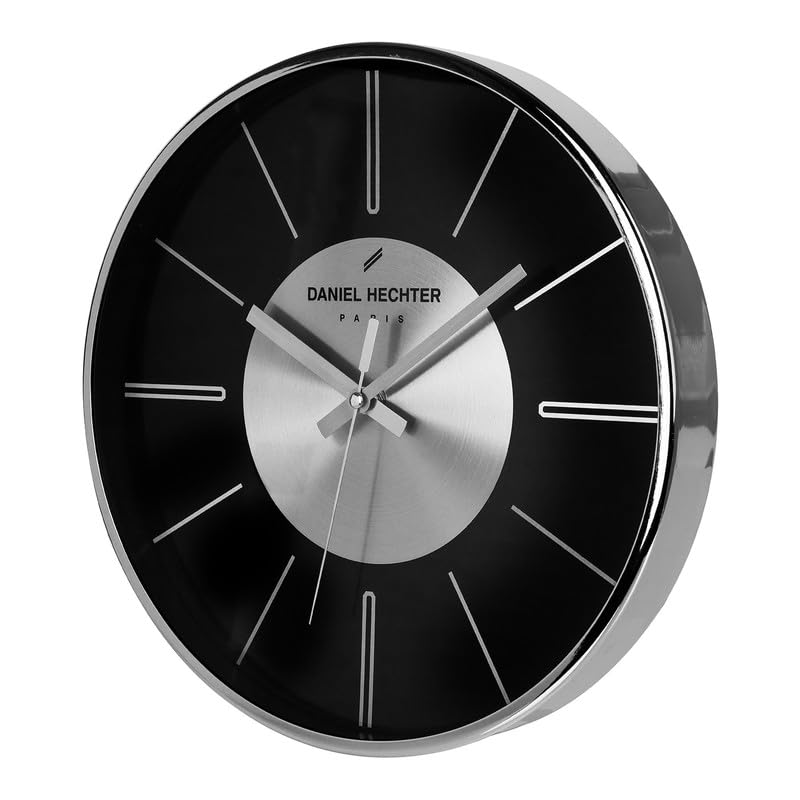 Image of Daniel Hechter Paris Seine Collection Wall Clock, Silent Sweep Non-Ticking,12 inch(30cm) HD Glass Black Dial, Silver Aluminum Face & Metal Frame, Modern Decorative Clock for Home & Office - DHCL1004