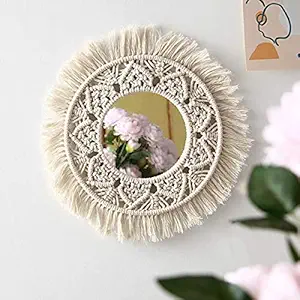 Waterlily House's Macrame Wall Hanging with Fringe Round Mirror For Living Room, Off- White (WH-2023) Unframed