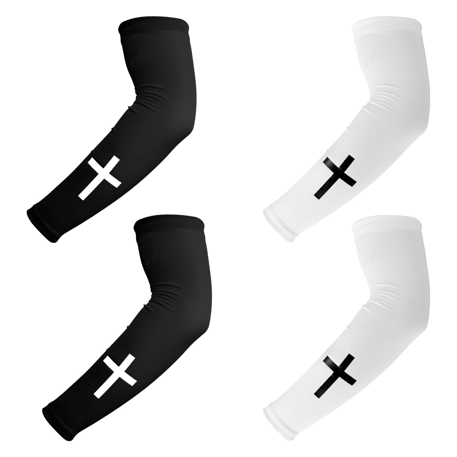 BOXOB 2 Pairs Faith Cross Arm Sleeves, Polyester Religious Compression Cooling Arm Sleeves for Men Women Football Basketball Baseball Running Cycling Outdoor Activities (Black, White)